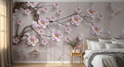 Design SL0672 — Papier peint Cerisier rose oiseaux dores relief beige — Novomur