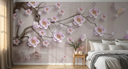 Design SL0672 — Papier peint Cerisier rose oiseaux dores relief beige — Novomur