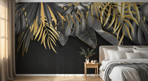 Design SL0705 — Papier peint Feuilles tropicales noir or fond noir luxe — Novomur