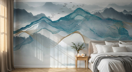 Design SL0715 — Papier peint Montagnes encre bleu lignes dorees fluides — Novomur
