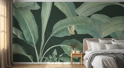 Design SL0739 — Papier peint Bananier vert pale fond vert sombre — Novomur