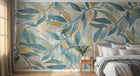 Design SL0754 — Papier peint Feuilles bleues beiges vrille aquarelle — Novomur