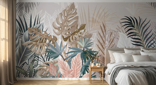 Design SL0787 — Papier peint Feuilles tropicales rose bleu beige doux — Novomur