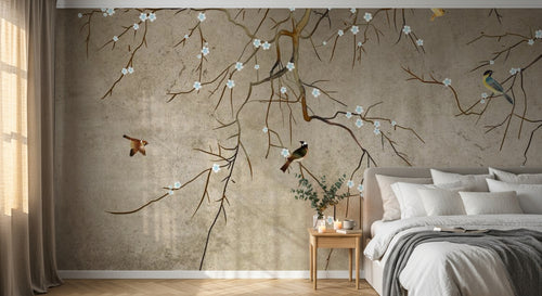 Design SL0801 — Papier peint Branches blanches oiseaux colores fond beige — Novomur
