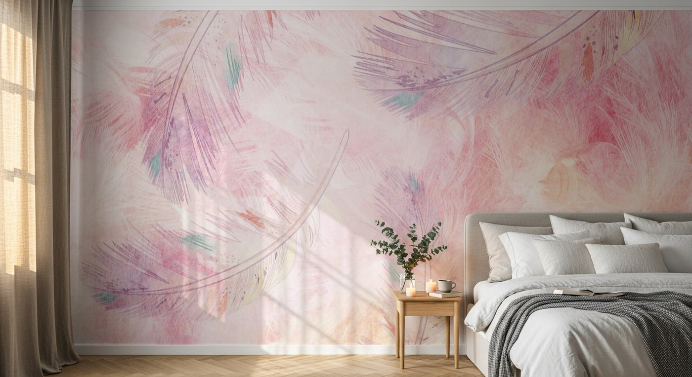 Design SL0806 — Papier peint Plumes pastel rose violet aquarelle — Novomur