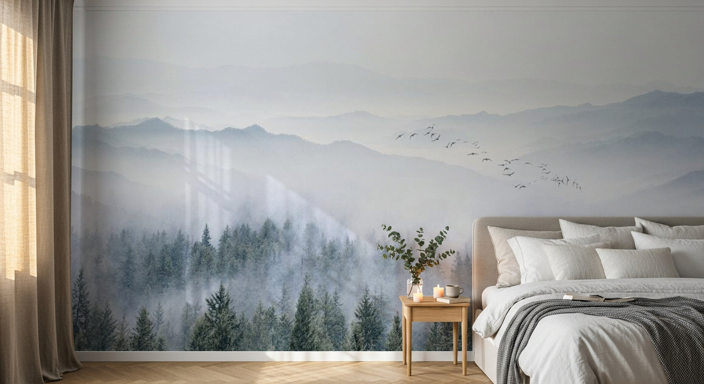 Design SL0810 — Papier peint Foret pins brumeuse oiseaux montagne — Novomur