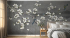 Design SL0812 — Papier peint Magnolias blancs oiseaux bleus fond gris fonce — Novomur