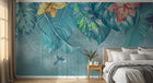 Design SL0813 — Papier peint Feuilles tropicales hibiscus aquarelle bleu — Novomur