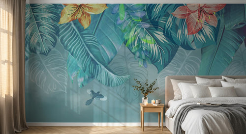 Design SL0813 — Papier peint Feuilles tropicales hibiscus aquarelle bleu — Novomur