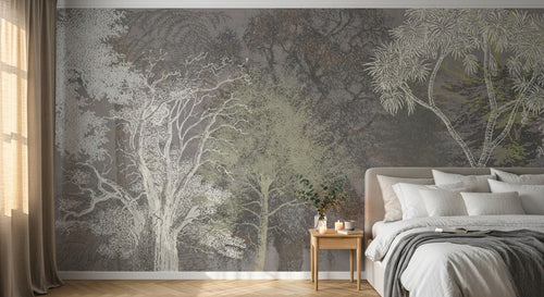Design SL0829 — Papier peint Foret arbres gravure blanc fond taupe — Novomur