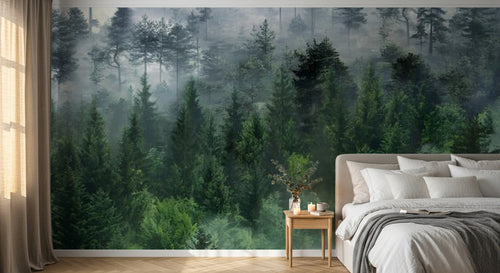 Design SL0835 — Papier peint Foret pins brumeuse photo realiste — Novomur