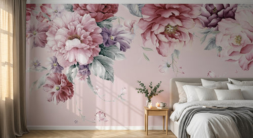 Design SL0838 — Papier peint Pivoines pourpres roses fond rose — Novomur