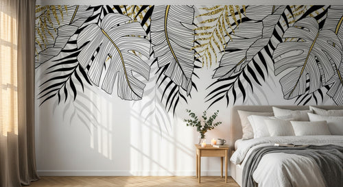 Design SL0842 — Papier peint Feuilles tropicales noir or fond blanc — Novomur