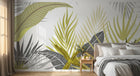 Design SL0844 — Papier peint Palmes bananiers jaune gris fond blanc — Novomur