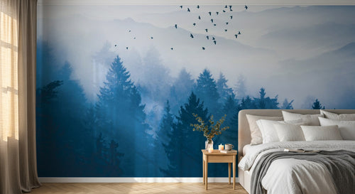 Design SL0874 — Papier peint Foret pins bleue brumeuse oiseaux — Novomur