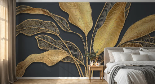 Design SL0889 — Papier peint Bananier dore relief fond gris fonce — Novomur