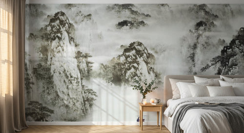 Design ZX0088 — Papier peint Paysage encre karstique barque montagnes — Novomur
