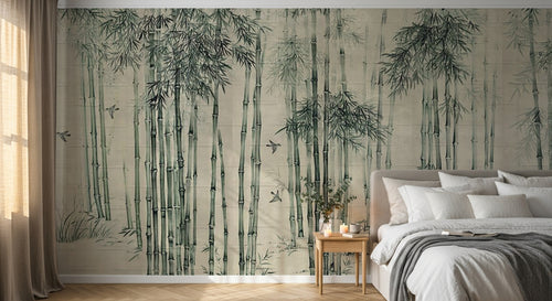 Design ZX0147 — Papier peint Foret bambous oiseaux fond beige chinois — Novomur