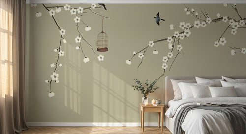 Design ZX0198 — Papier peint Branches fleuries oiseaux cage chinoiserie — Novomur