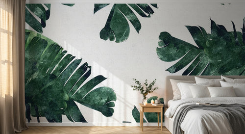 Design ZX0199 — Papier peint Bananier vert sombre fond blanc — Novomur