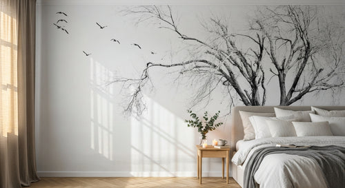 Design ZX0234 — Papier peint Arbre solitaire oiseaux hiver brume — Novomur