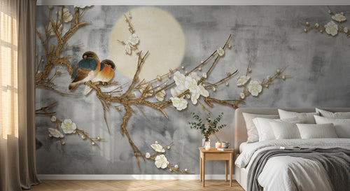 Design ZX0250 — Papier peint Branches dorees fleurs blanches lune chinois — Novomur