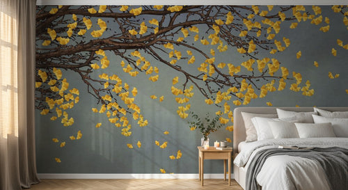 Design ZX0253 — Papier peint Ginkgo jaune branche fond bleu gris — Novomur