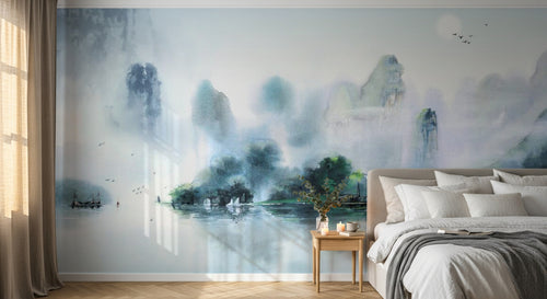 Design ZX0254 — Papier peint Paysage karstique vert lac voiliers — Novomur