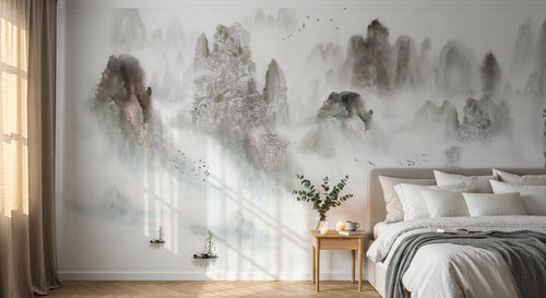 Design ZX0322 — Papier peint Paysage karstique encre noir barques — Novomur