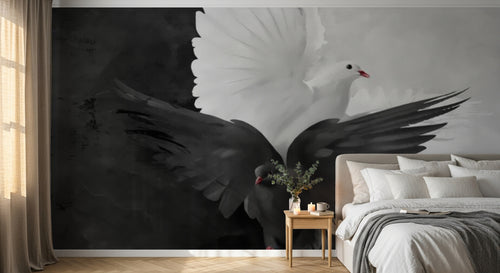 Design ZX0330 — Papier peint Colombes blanche noire dramatique vol — Novomur