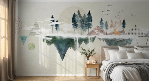 Design ZX0468 — Papier peint Paysage flottant triangles sapins cerf — Novomur