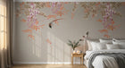 Design ZX0471 — Papier peint Glycine cascade rose oiseaux beige — Novomur
