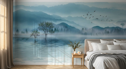 Design ZX0481 — Papier peint Paysage encre bleue lac arbres brumeux — Novomur