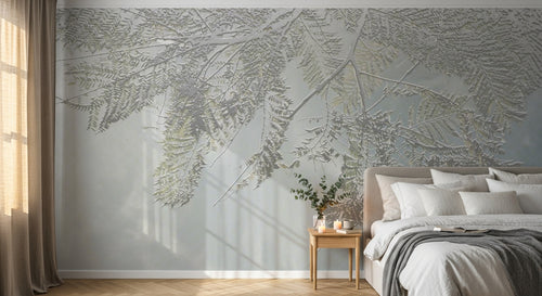 Design ZX0486 — Papier peint Fougeres argentees fond bleu pastel — Novomur