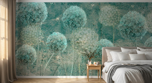 Design ZX0498 — Papier peint Pissenlits turquoise grunge texture — Novomur