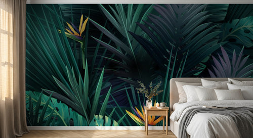 Design ZX0500 — Papier peint Jungle sombre oiseaux paradis bananiers — Novomur
