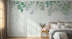 Design ZX0504 — Papier peint Feuilles vert pale cascade papillons aquarelle — Novomur