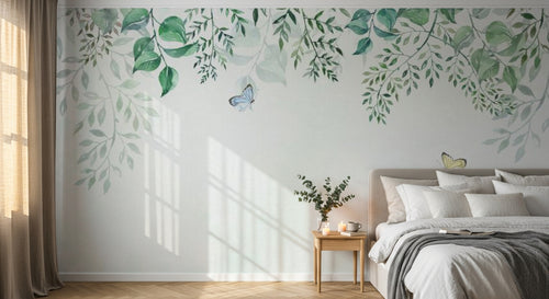 Design ZX0504 — Papier peint Feuilles vert pale cascade papillons aquarelle — Novomur
