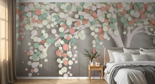 Design ZX0509 — Papier peint Arbre petites fleurs roses 3D fond gris — Novomur
