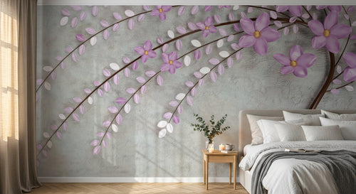 Design ZX0511 — Papier peint Branche fleurs violettes 3D fond beige — Novomur