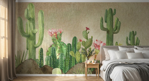 Design ZX0531 — Papier peint Cactus fleurs roses dunes desertiques — Novomur