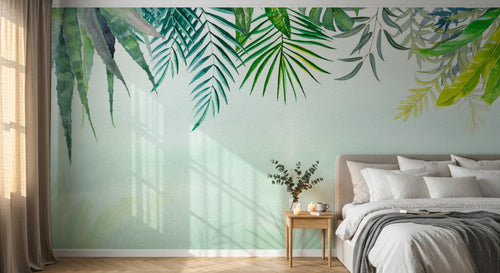 Design ZX0542 — Papier peint Palmes vert turquoise fond blanc vert — Novomur