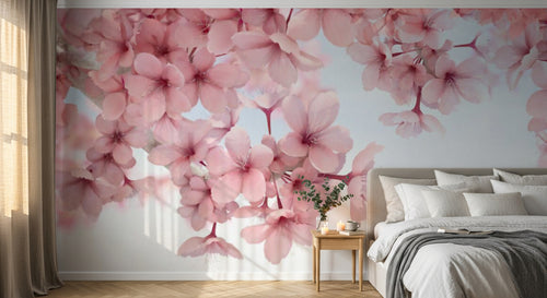 Design ZX0547 — Papier peint Cerisier rose dense fond bleu chinoiserie — Novomur