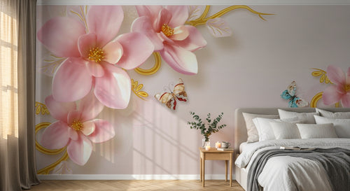 Design ZX0555 — Papier peint Magnolias roses ornements dores luxe — Novomur