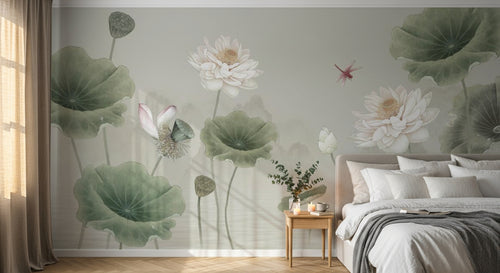 Design ZX0568 — Papier peint Lotus blancs feuilles libellule beige — Novomur