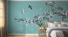 Design ZX0580 — Papier peint Magnolia rose oiseaux fond turquoise — Novomur