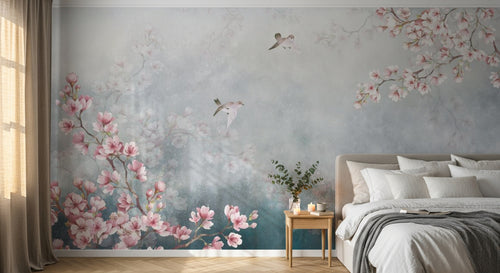 Design ZX0596 — Papier peint Magnolia rose oiseaux fond bleu brume — Novomur