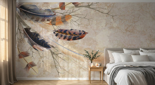 Design ZX0653 — Papier peint Plumes branches grunge fond beige — Novomur