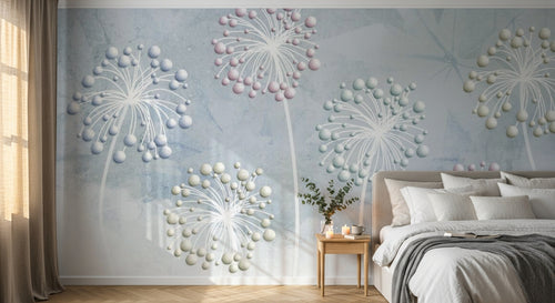Design ZX0657 — Papier peint Pissenlits boules pastel fond bleu — Novomur