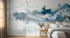 Design ZX0658 — Papier peint Paysage encre fluide bleu soleil orange — Novomur